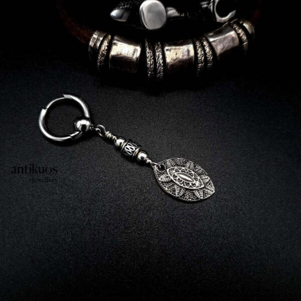 Rain Forest Shield earring, small tribal style detailed pendant with stainless steel small hoop