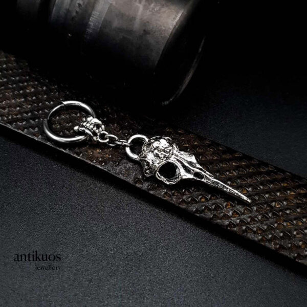 Gothic Raven earring, raven skull in metal and small stainless steel hoop