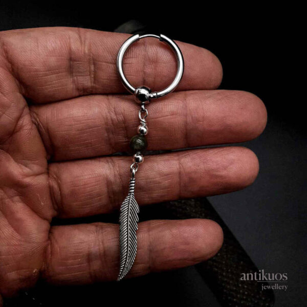 Indian agate feather earring, green gemstone and silver coloured feather on a large hoop