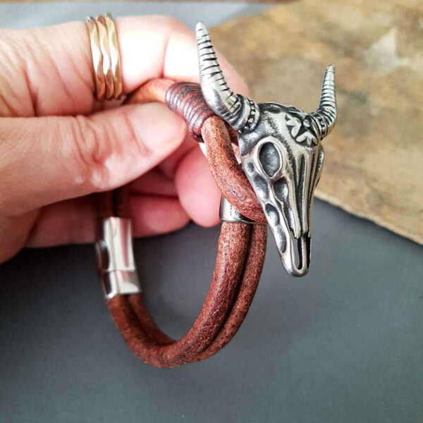 Bull skull leather bracelet