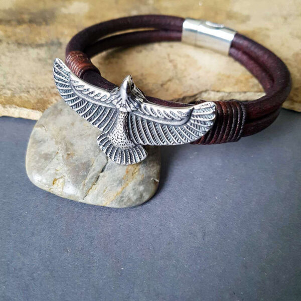 Eagle bracelet- large stainless steel eagle on a double row leather rope in dark brown