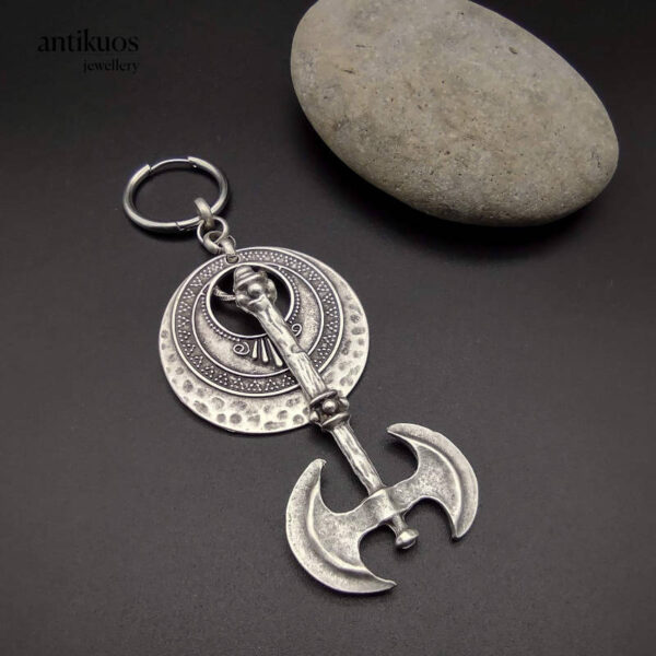 Minos, large earring with a round shield and double headed axe. Large hoop