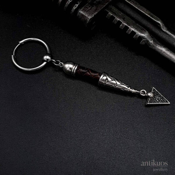 Celtic Spike earring, a leather and metal earring with a tribal theme, big hoop