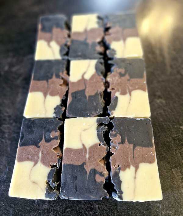 Dusky Clay handmade tallow soap by Fatglow with black, purple and white natural clay layers, made in New Zealand