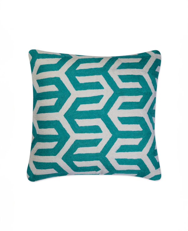 Grey silk cushion cover with interlocking geometric print in vibrant teal from Mulberry Home India