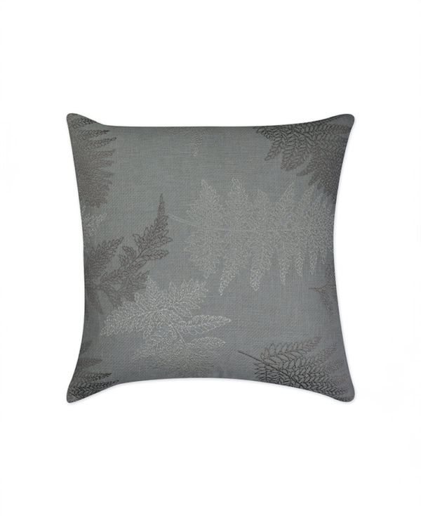 Grey silk cushion cover with woven leaf patterns from Mulberry Home India