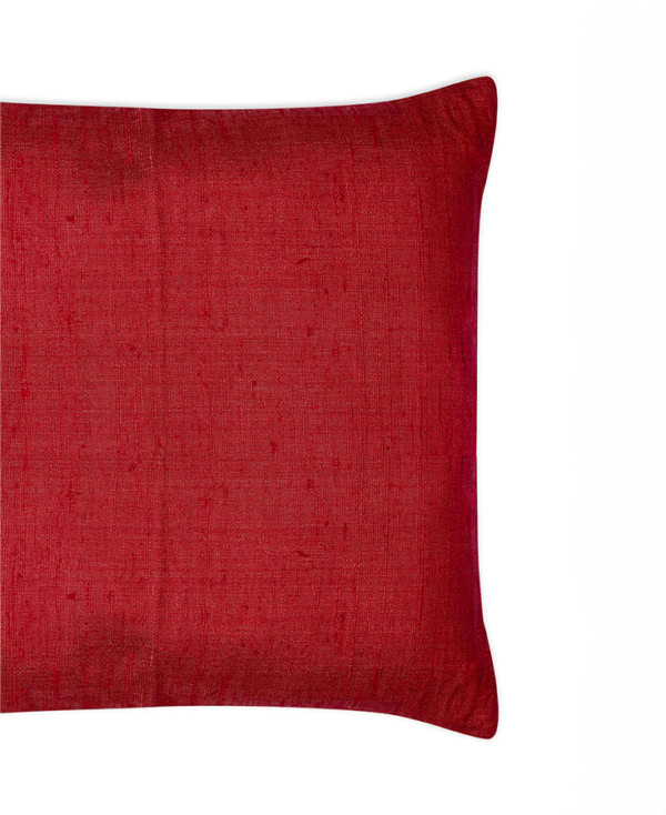 Side view of Red coloured Tanjore Silk cushion cover with blue piping from Mulberry Home India