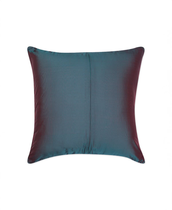 Underside view of Red coloured Tanjore Silk cushion cover with blue piping from Mulberry Home India