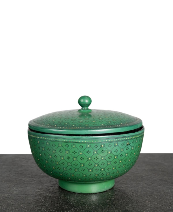 Green coloured Burmese lacquer container with lid with gold hand-painted detailing from Mulberry Home India