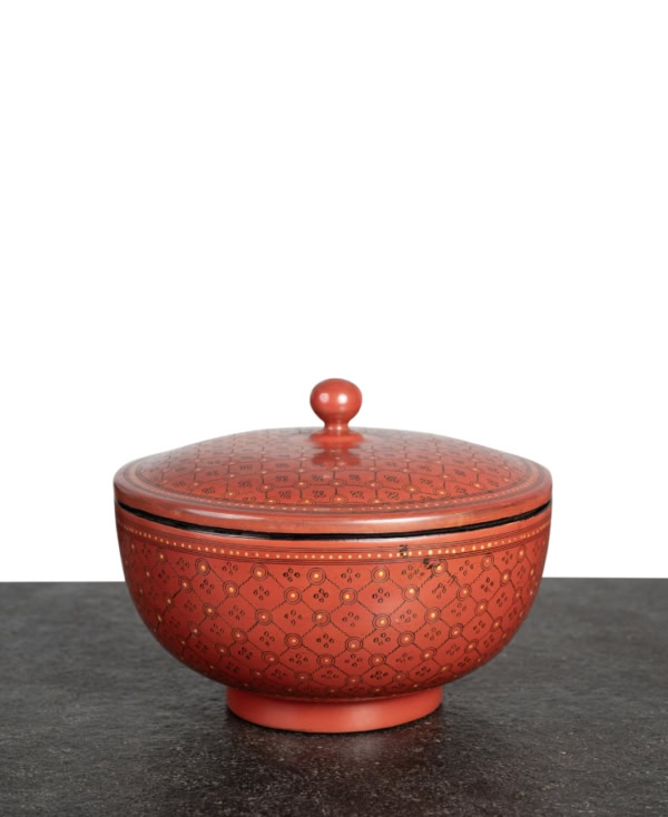 Red coloured Burmese lacquer container with lid with gold hand-painted detailing from Mulberry Home India
