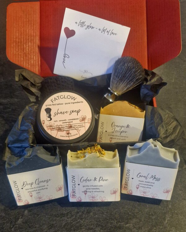 Tallow Father's Day gift set NZ in a red box — cedarwood shave soap tin, badger shave brush, and a choice of Deep Cleanse, Cedar & Pine, Coral Moss or Orange & Juniper bar soap, handmade by Fatglow