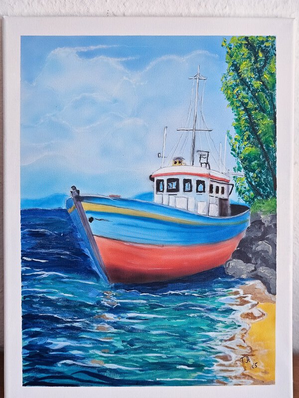 Original Airbrush-Gemaelde Fischerboot am Strand – Detailreicher, farbenfroher Fischkutter im klaren Wasser an einer Kueste in reiner Freihand-Technik