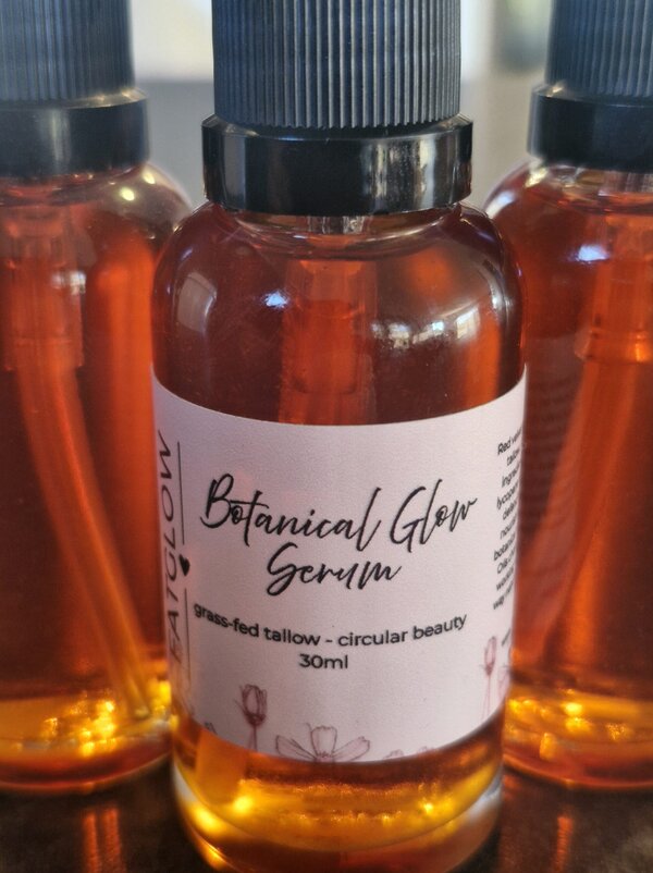 Botanical Glow Serum by Fatglow - 30ml glass bottle with pump, grass-fed tallow and circular beauty serum handcrafted in Taranaki, New Zealand