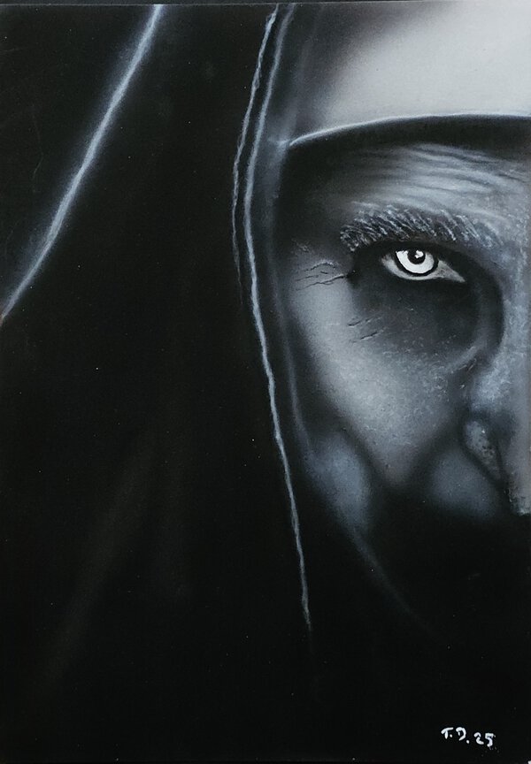 Original Airbrush-Gemaelde The Nun – Fotorealistisches Horror-Portraet der daemonischen Nonne in reiner Freihand-Technik ohne Schablonen auf schwarzem Hintergrund