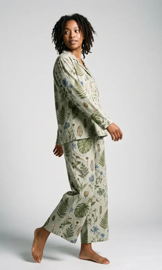 A model in an original-print pajama set caught in a gentle turn so the pattern moves with the fabric, soft studio light, showing how the print falls on the body.