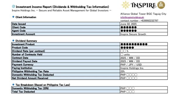 インスパイア社発行の支払い証明書の例