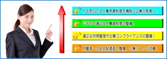 画像:やる気のでる人事考課制度を構築し企業の発展へ!|公平かつ適正な人事諸制度の整備!|適正な労務管理や企業コンプライアンスの整備!|労働者への安全配慮面の整備、企業リスクの改善!