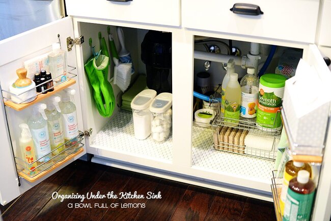 organizing under the kitchen sink with command hooks