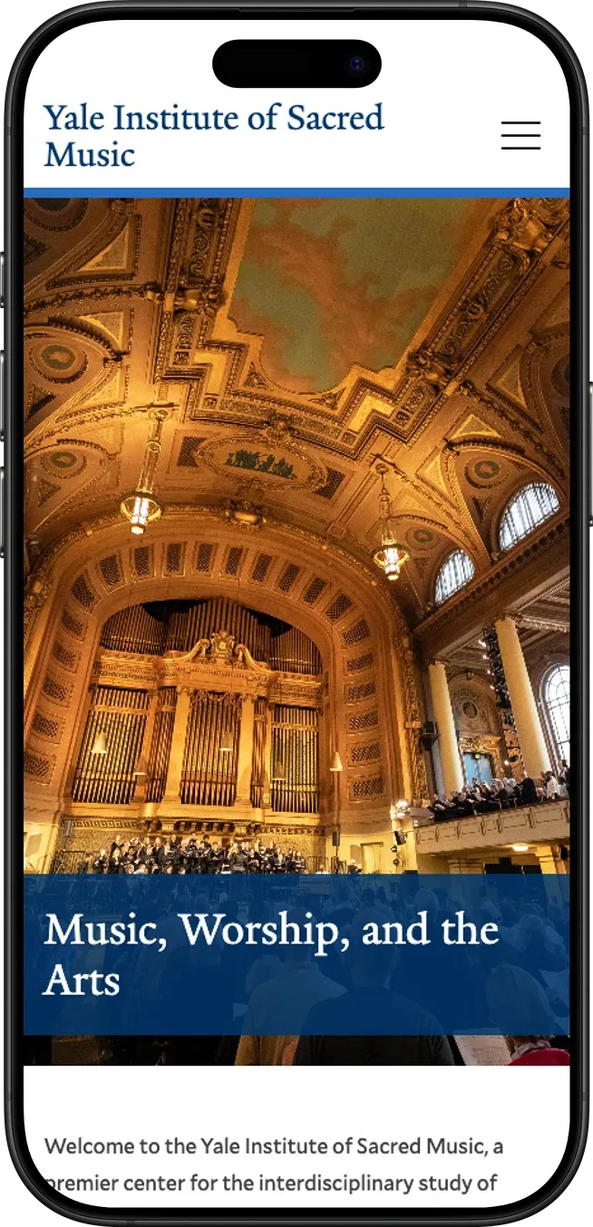 Screenshot of the Yale Institute of Sacred Music website homepage displayed on a mobile device