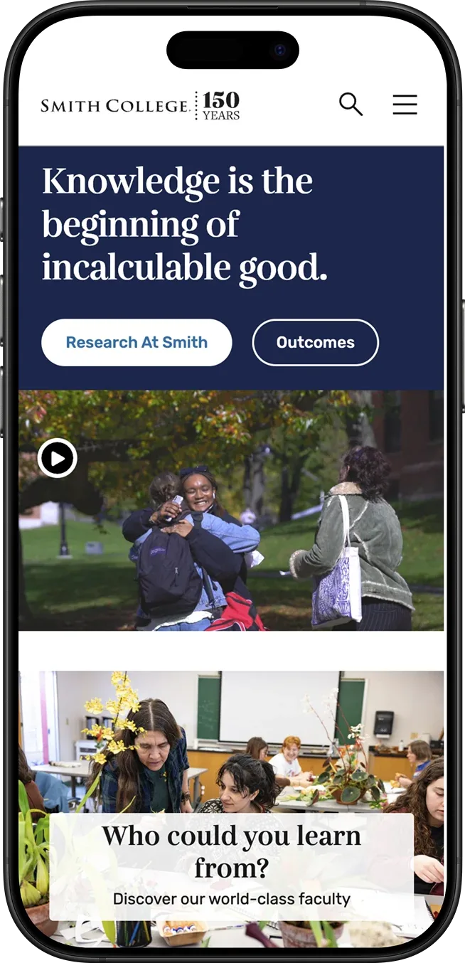 Smith College webpage displayed on a mobile device; the headline reads: Knowledge is the beginning of incalculable good