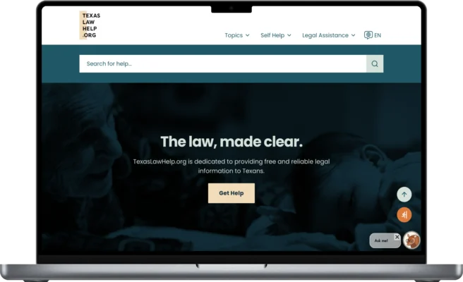 Screenshot of the Texas Law Help website homepage displayed on a laptop