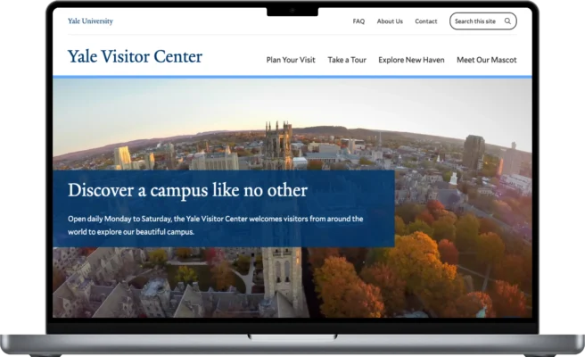 Screenshot of the Yale Visitor Center website homepage displayed on a laptop