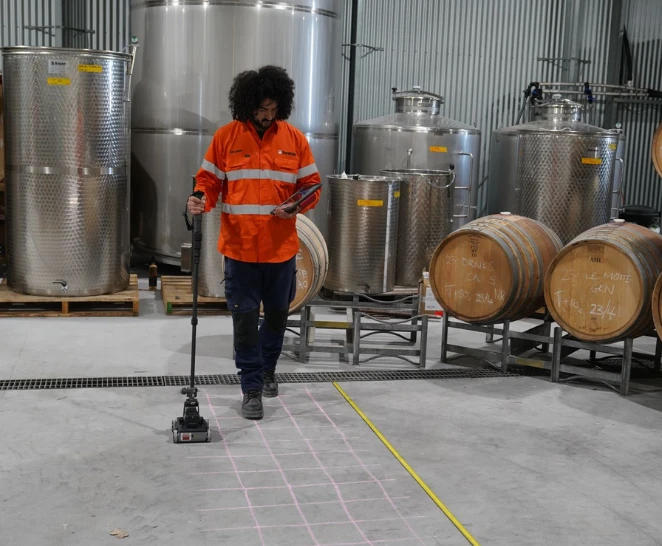 SureScan structural engineer scanning a concrete slab to pinpoint utilities and reinforcement.