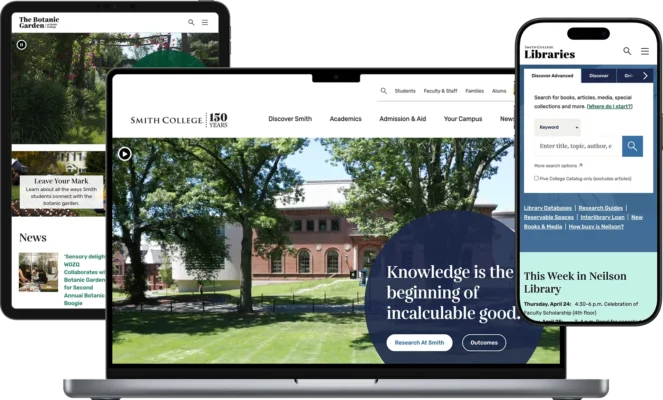 Screenshots of three Smith College websites — Smith.edu, The Botanic Gardens, and the Smith College Libraries — displayed on a laptop, tablet, and mobile device