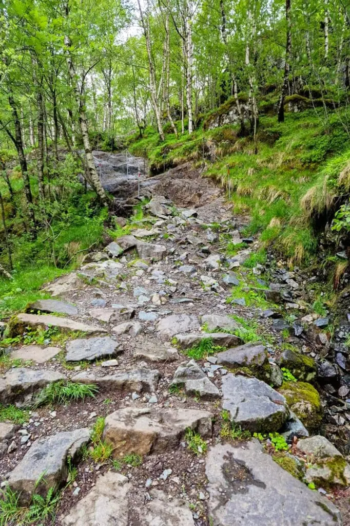 The start of the trail to Manafossen waterfall - you can see the chains 