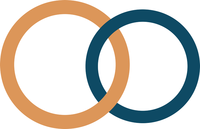 Stilisierte, ineinander verschlungene Eheringe in orange und blau.