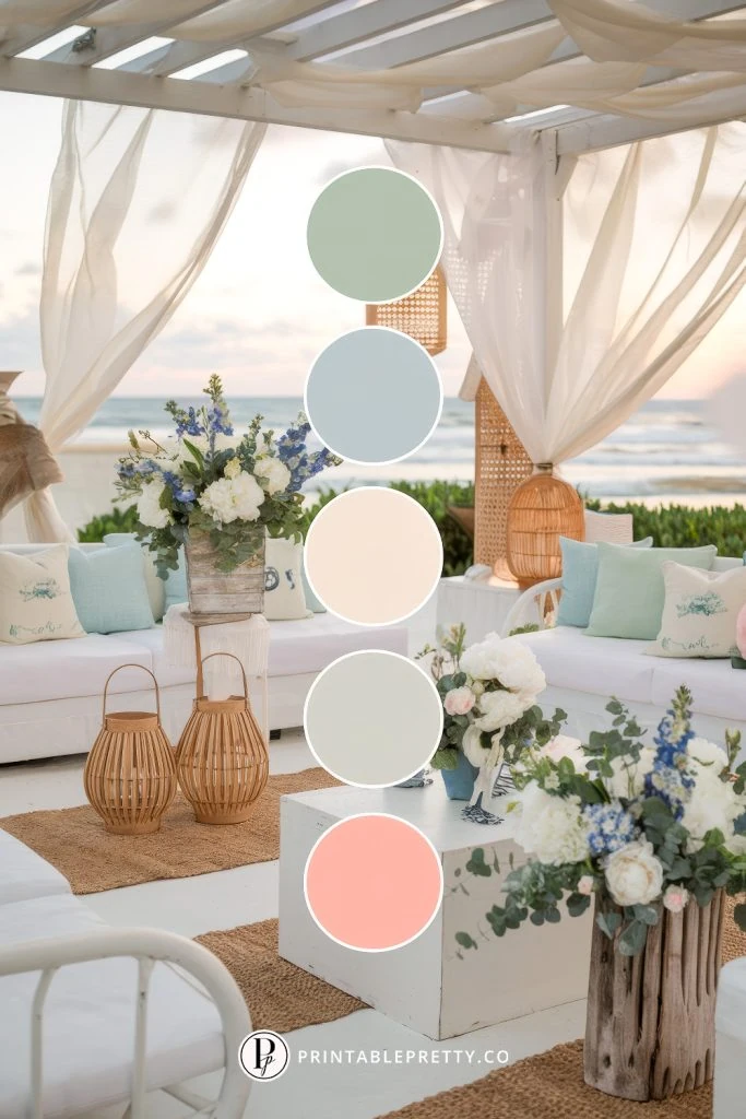 54 Spring Wedding Color Palettes 35 Spring Wedding Color Palette With Seafoam Green, Sky Blue, Sandy Cream, Driftwood Gray, And Coral Blush Overlaid On Image Of Beachside Wedding Lounge With White Seating, Rattan Lanterns, And Oceanfront View
