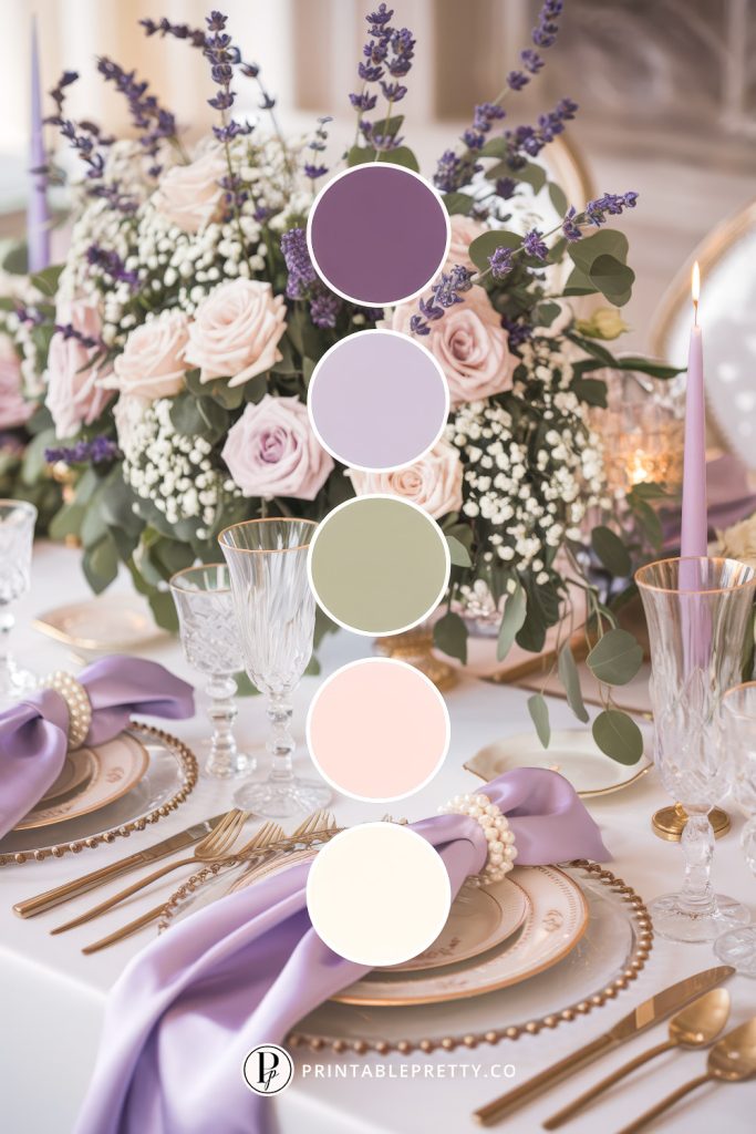54 Spring Wedding Color Palettes 20 Spring Wedding Color Palette With Purple, Lilac, Sage Green, Blush Pink And Ivory Circles Overlaid On Image Of Elegant Tablescape With Lavender, Roses, Crystal Glassware And Purple Napkins