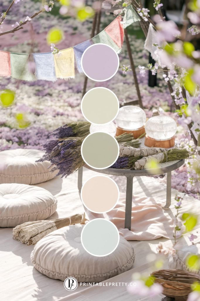 54 Spring Wedding Color Palettes 40 Spring Wedding Color Palette With Lavender, Pale Sage, Olive Green, Blush Beige, And Mint Overlaid On Image Of Zen-Inspired Outdoor Wedding Setup With Floor Cushions, Lavender Bundles, Prayer Flags, And Crystals