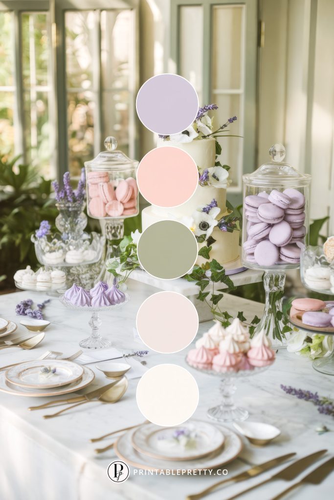54 Spring Wedding Color Palettes 44 Spring Wedding Color Palette With Lavender, Blush Pink, Sage Green, Ivory, And Cream Overlaid On Image Of A Vintage Dessert Table With Macarons, Meringues, Wedding Cake, And Garden-Inspired Florals