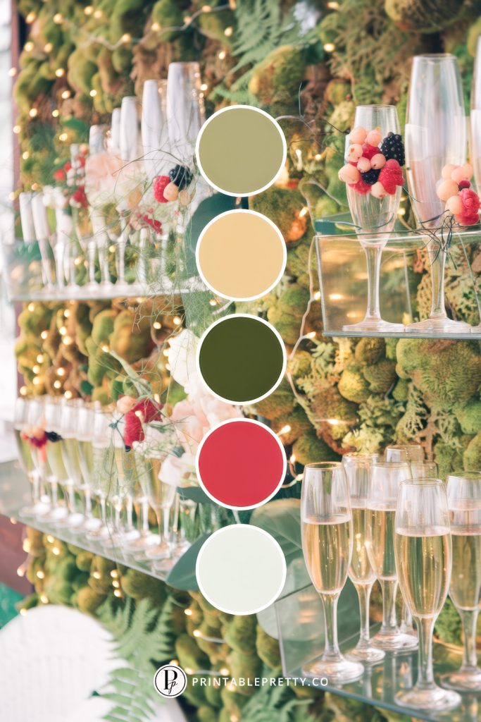 54 Spring Wedding Color Palettes 45 Spring Wedding Color Palette With Olive Green, Champagne Gold, Forest Green, Berry Red, And Mint Overlaid On Image Of Champagne Wall Display Decorated With Moss, Berries, And Twinkle Lights For A Garden Wedding