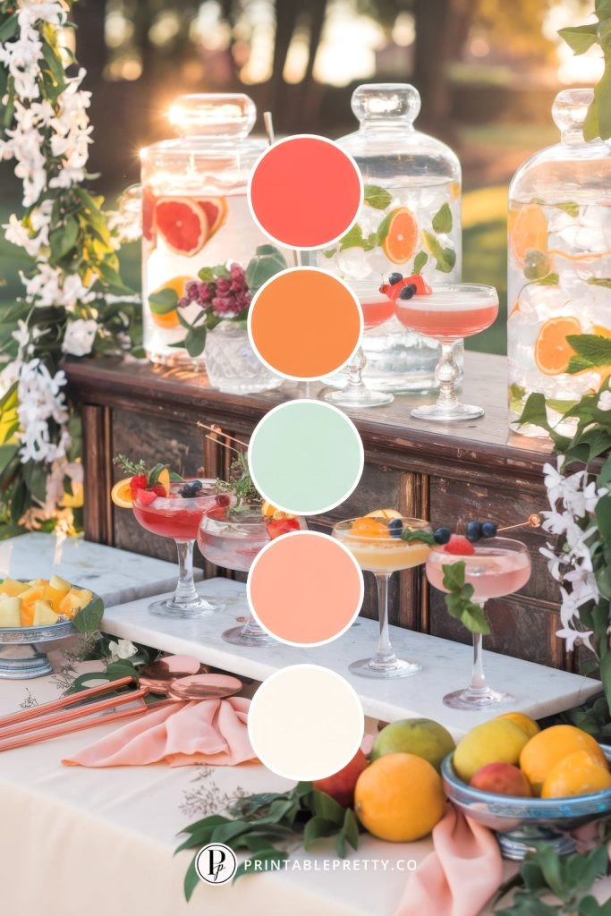 54 Spring Wedding Color Palettes 32 Spring Wedding Color Palette With Coral Red, Tangerine Orange, Mint Green, Peach Blush, And Soft Cream Overlaid On Image Of Citrus-Themed Cocktail Table With Floral Garland, Signature Drinks, And Fresh Fruit Decor