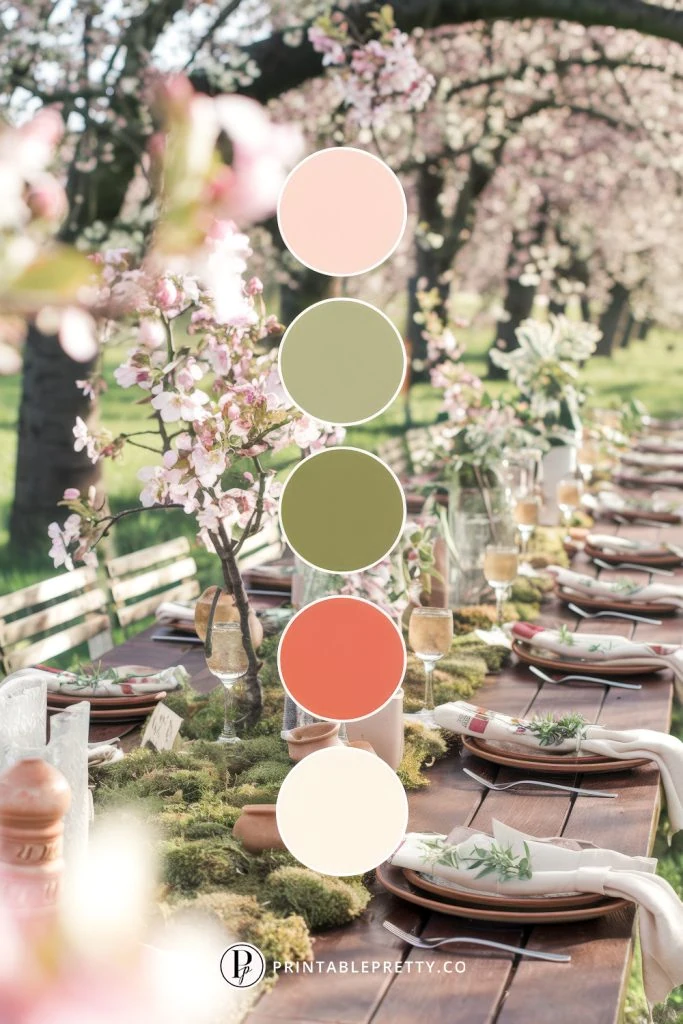 54 Spring Wedding Color Palettes 46 Spring Wedding Color Palette With Blush Pink, Moss Green, Olive, Terracotta, And Ivory Overlaid On Image Of Outdoor Wedding Table Setup Beneath Blooming Cherry Trees, With Moss Runner And Neutral Tableware