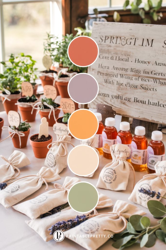 54 Spring Wedding Color Palettes 50 Spring Wedding Color Palette With Terracotta, Dusty Lavender, Honey Orange, Warm Cream, And Sage Green Overlaid On Image Of Wedding Favor Table With Potted Herbs, Mini Honey Jars, And Lavender Sachets