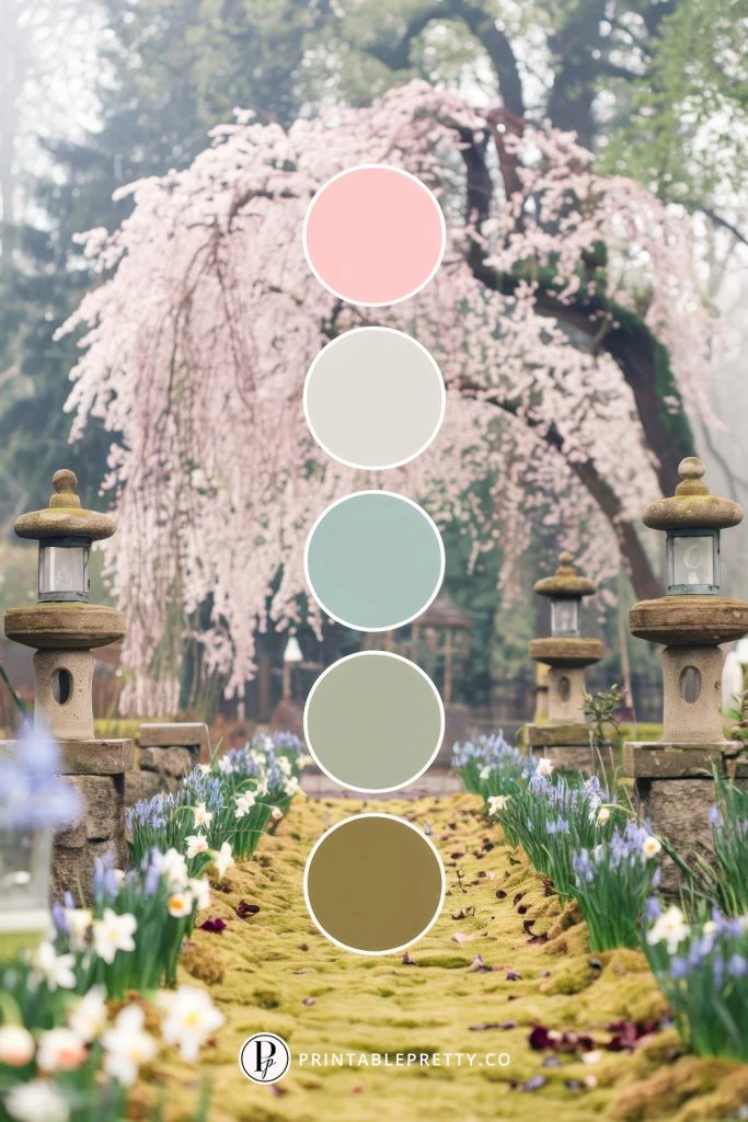 54 Spring Wedding Color Palettes 21 Spring Wedding Color Palette With Cherry Blossom Pink, Ivory, Seafoam Blue, Sage Green And Antique Gold Circles Overlaid On Image Of Japanese Garden With Weeping Cherry Tree And Stone Lanterns
