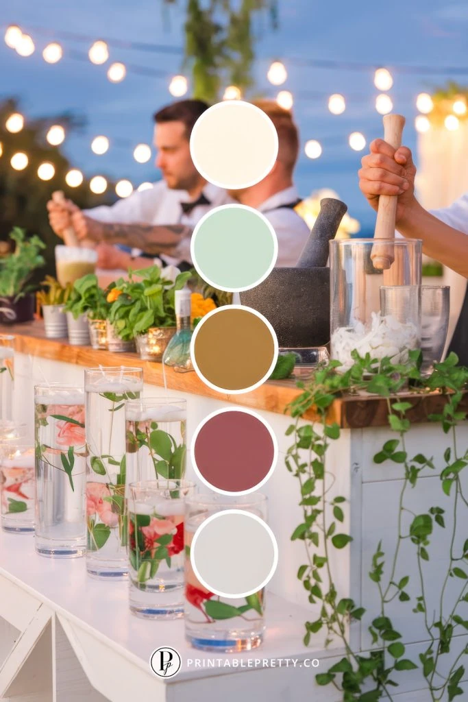 54 Spring Wedding Color Palettes 38 Spring Wedding Color Palette With Ivory Cream, Mint Green, Olive Brown, Mauve Rose, And Stone Gray Overlaid On Image Of Cocktail Bar With Fresh Herbs, Floating Floral Candles, Bartenders, And String Lights