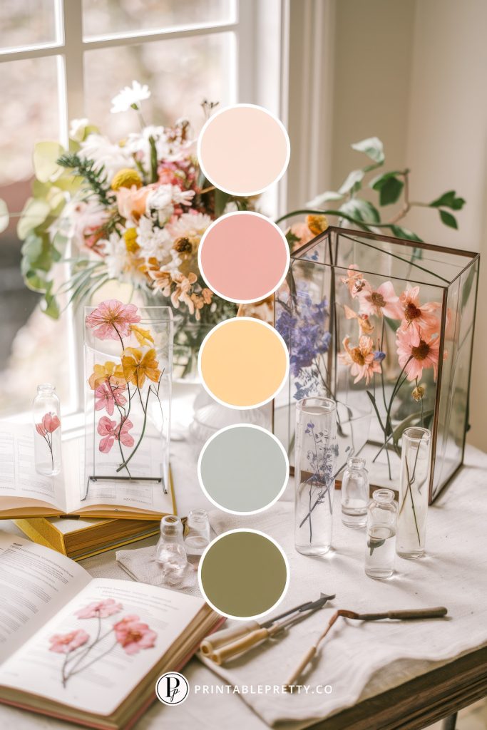 54 Spring Wedding Color Palettes 51 Spring Wedding Color Palette With Blush, Dusty Rose, Marigold, Sage, And Olive Overlaid On Image Of A Vintage-Inspired Table With Pressed Flowers In Glass Frames, Floral Books, Tools, And Soft Natural Light