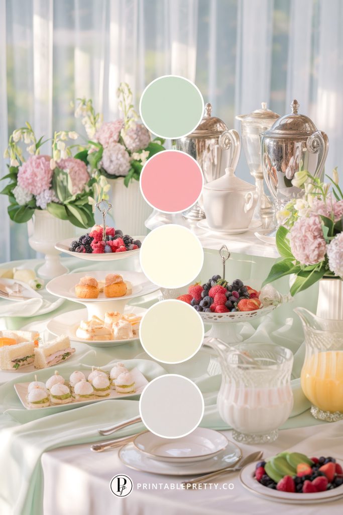 54 Spring Wedding Color Palettes 52 Spring Wedding Color Palette With Mint, Blush, Cream, Pale Lemon, And Ivory Overlaid On A Garden Tea Party Scene Featuring Vintage Silver Teapots, Pastel Florals, Fresh Fruit, Tiered Desserts, And Elegant Tableware