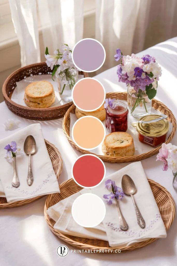 54 Spring Wedding Color Palettes 41 Spring Wedding Color Palette With Lavender, Blush Peach, Apricot, Berry Red, And Cream Overlaid On Image Of Vintage Tea Party Setup With Scones, Jam Jars, Embroidered Napkins, And Delicate Spring Florals