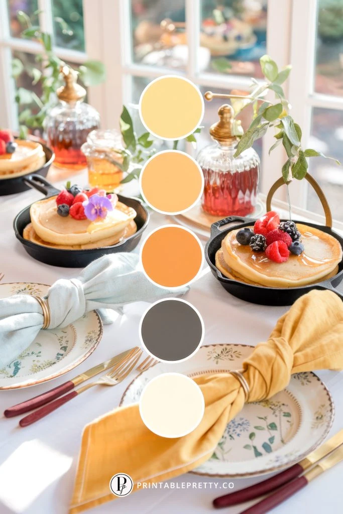 54 Spring Wedding Color Palettes 42 Spring Wedding Color Palette With Buttery Yellow, Honey Gold, Maple Orange, Slate Gray, And Vanilla Cream Overlaid On Image Of Garden Brunch Table Setting With Pancakes, Berries, Syrup Bottles, And Floral Napkins