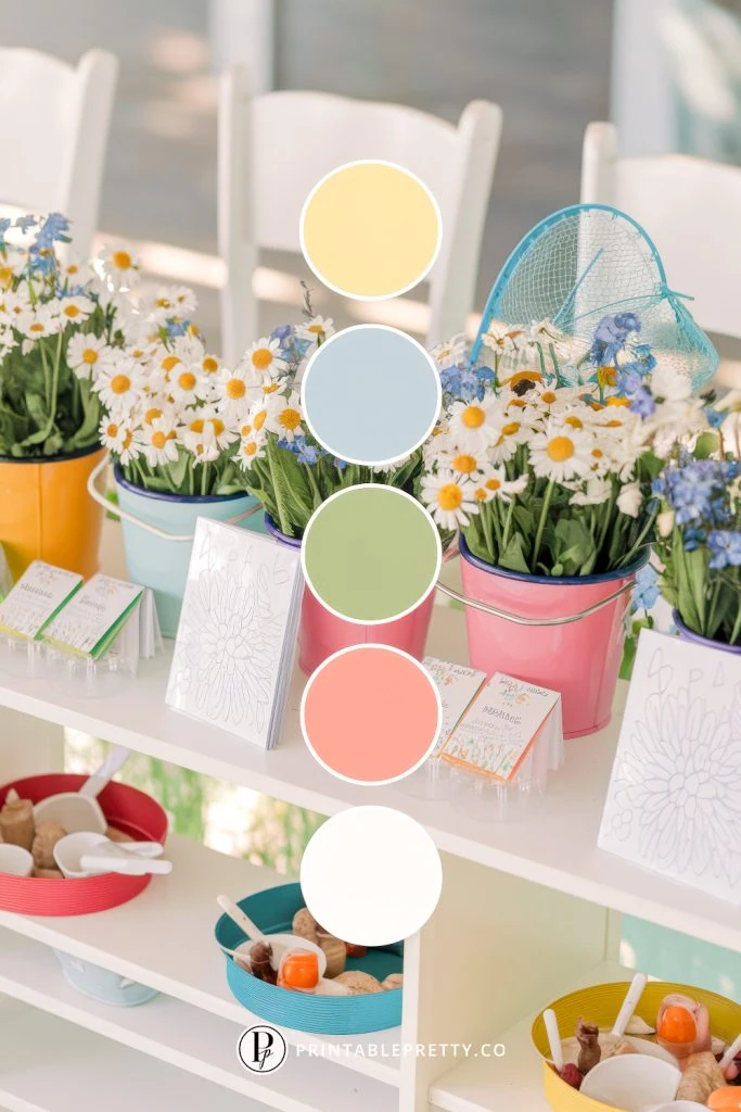54 Spring Wedding Color Palettes 3 Spring Wedding Color Palette With Yellow, Light Blue, Sage Green, Coral And White Circles Overlaid On Image Of Daisies In Colorful Buckets And Wedding Favor Display