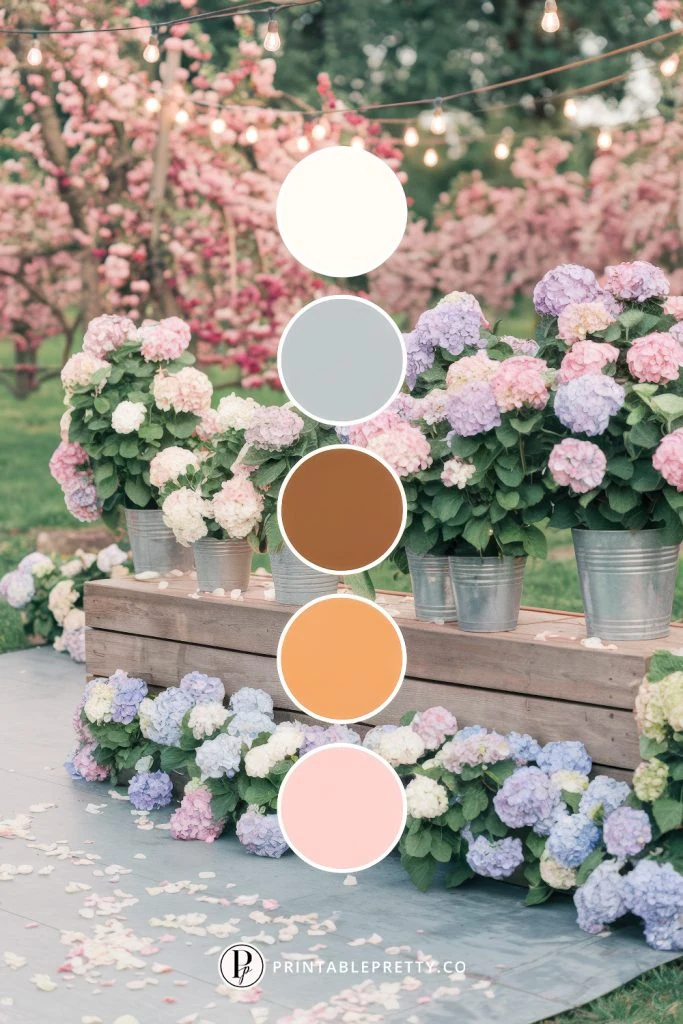 54 Spring Wedding Color Palettes 22 Spring Wedding Color Palette With Ivory, Gray, Copper, Peach And Blush Pink Circles Overlaid On Image Of Flower Market Display With Hydrangeas In Metal Buckets Under Cherry Blossoms And String Lights
