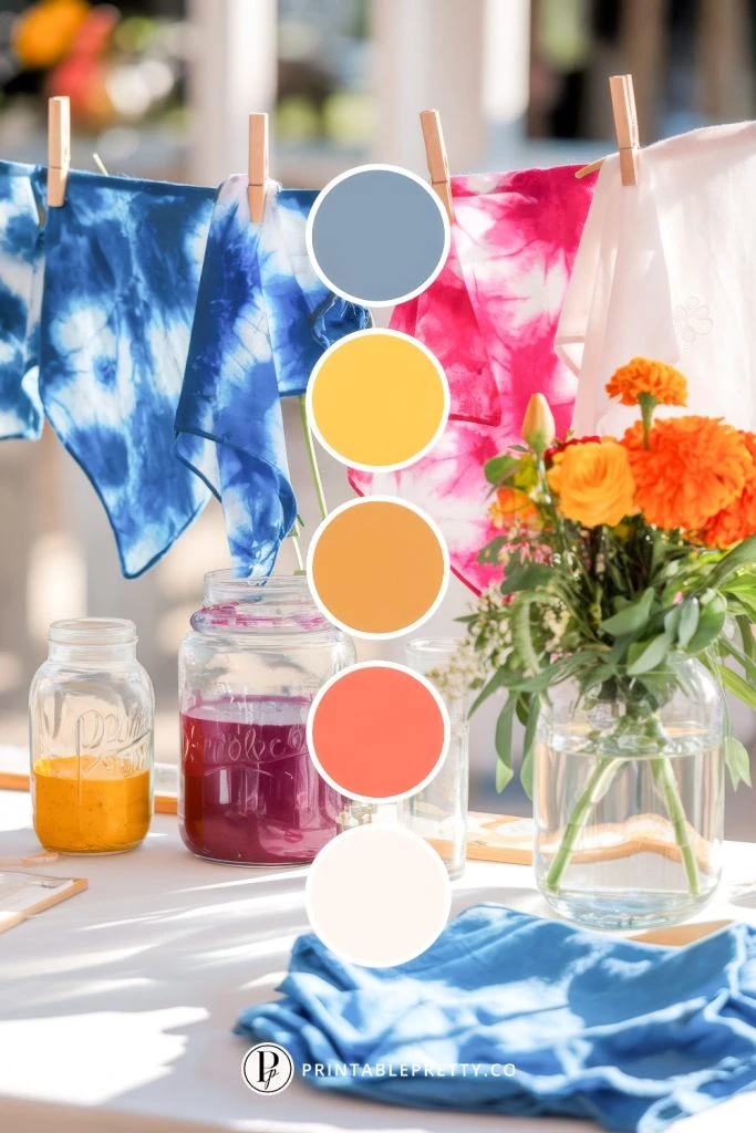 54 Spring Wedding Color Palettes 34 Spring Wedding Color Palette With Denim Blue, Marigold Yellow, Peachy Orange, Coral, And Cream Overlaid On Image Of Tie-Dye Fabric, Mason Jars Of Dye, And Marigold Floral Bouquet For Creative Wedding Decor