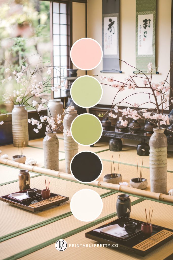 54 Spring Wedding Color Palettes 23 Spring Wedding Color Palette With Peach, Celadon Green, Avocado, Charcoal And Tatami Beige Circles Overlaid On Image Of Japanese Tea Room With Cherry Blossoms In Ceramic Vases And Tatami Mats