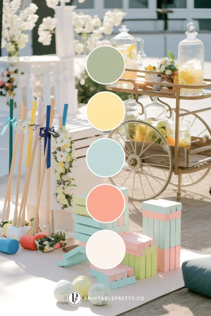 54 Spring Wedding Color Palettes 47 Spring Wedding Color Palette With Mint Green, Buttery Yellow, Coral Blush, Sage, And Ivory Overlaid On Image Of Outdoor Wedding Setup With Pastel Lawn Games, Croquet, And Lemonade Cart