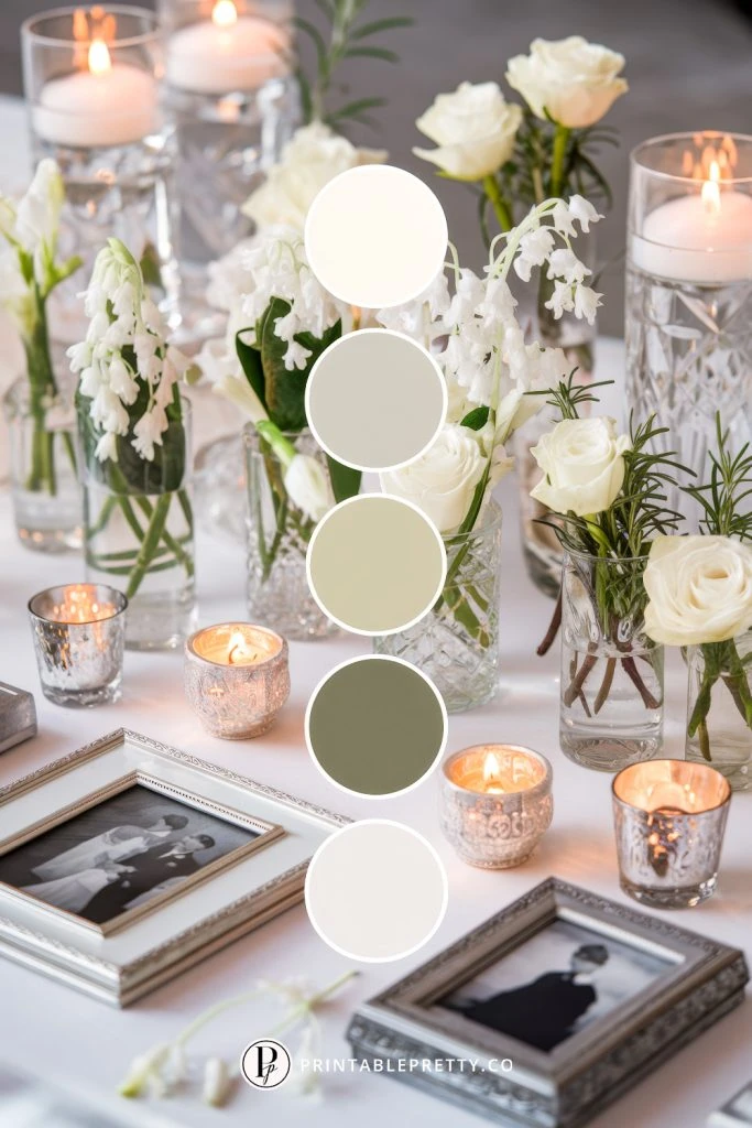 54 Spring Wedding Color Palettes 26 Spring Wedding Color Palette With Ivory, Light Gray, Pale Sage, Olive Green And Silver Circles Overlaid On Image Of Memorial Table With Crystal Vases, White Flowers And Framed Photos